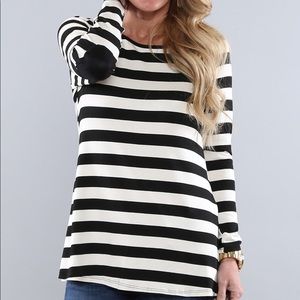 Black & White Stripe Elbow-Patch Button-Back Tunic